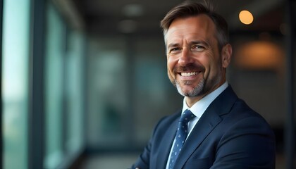 Fototapeta premium Confident Smile: A well-dressed businessman, radiating confidence, offers a warm smile, showcasing his poised demeanor.