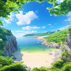 Serene Tropical Beach Surrounded by Lush Greenery and Blue Sky