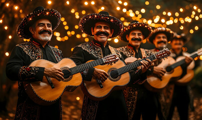 Obraz premium Mariachi ensemble performing with acoustic guitars and ornate charro suits