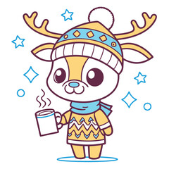 Cute Deer in Winter Hat and Scarf Drinking Coffee Cartoon T-Shirt Design