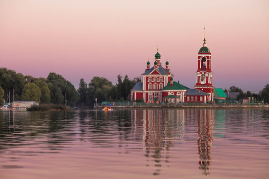 The Golden Ring of Russia, the city of Pereslavl-Zalessky. The Church of the Forty Martyrs of Sebaste at a beautiful pink sunset on the side of Lake Pleshcheyev.