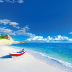 Tranquil Beach Scene with a Red Boat on White Sand Shoreline