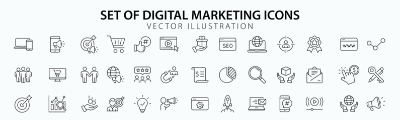 Digital marketing set of web icons in line style. Marketing icons for web and mobile app. Communication, advertising, ecommerce, seo, content, product, target audience, website, social media. Vector