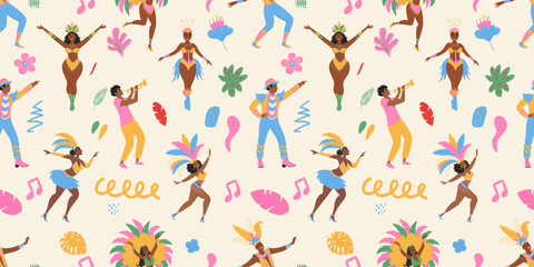 Brazilian carnival seamless pattern. Dancing people, leaves, doodle elements. Modern vector illustration.