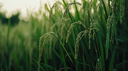 Lush Green Rice Field with Ripening Ears under Soft Sunset Light