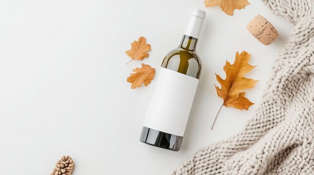 Cozy autumn vibes with a bottle of wine, blank label, and fall leaves. Perfect for a seasonal design.