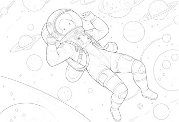 Fototapeta premium Astronaut floating peacefully in outer space, line art. A detailed line drawing of an astronaut in a spacesuit drifting weightlessly amidst planets and stars