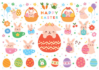 イースターのうさぎのかわいい手描きイラストセット