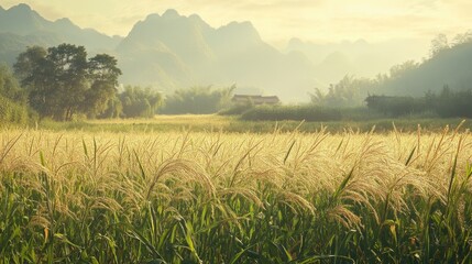 Serene Sunrise Over Golden Rice Fields and Misty Mountain Landscape