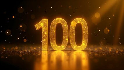 Celebratory golden number 100 with sparkling effects set against a dark background