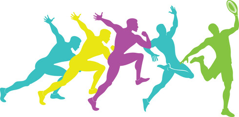 Colorful athletes competing in a dynamic running race.