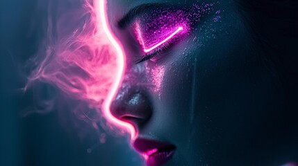 Obraz premium Ethereal Face Neon Light Portrait Mystical Beauty Cyberpunk Style