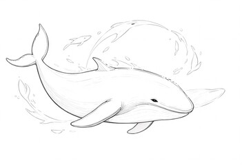 Obraz premium Majestic Whale and Dolphins in the Ocean Depths. A detailed elegant line drawing of a whale swimming gracefully in the ocean