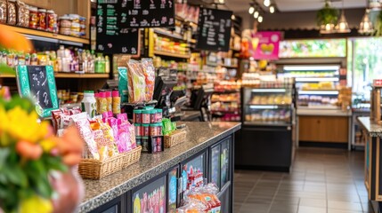 Naklejka premium Vibrant Interior of a Modern Convenience Store with Colorful Displays
