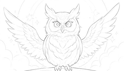 Majestic Owl with Wings, a Magical Sketch. A detailed sketch of an owl with outstretched wings evoking a sense of wonder and magic