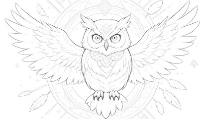 Enchanted Owl with Majestic Wings in a Dreamlike Circle. A detailed line art illustration of an owl with outstretched wings set within a circular ornate design reminiscent of a dream catcher
