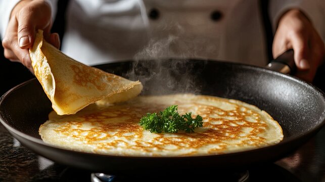A chef skillfully flips a golden brown crepe in a frying pan, garnished with fresh herbs, creating a delicious culinary scene.