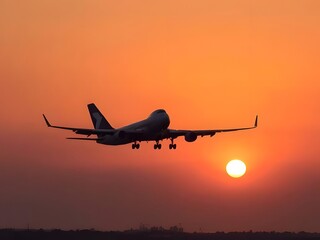 Airplane Silhouette Taking Off Against Fiery Sunset Sky - Travel, Aviation, Departure, Flight