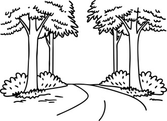 Illustrated forest path with tall trees and bushes, simple line art nature scene