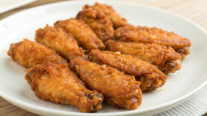 Crispy fried chicken wings served on white plate, perfect for sharing