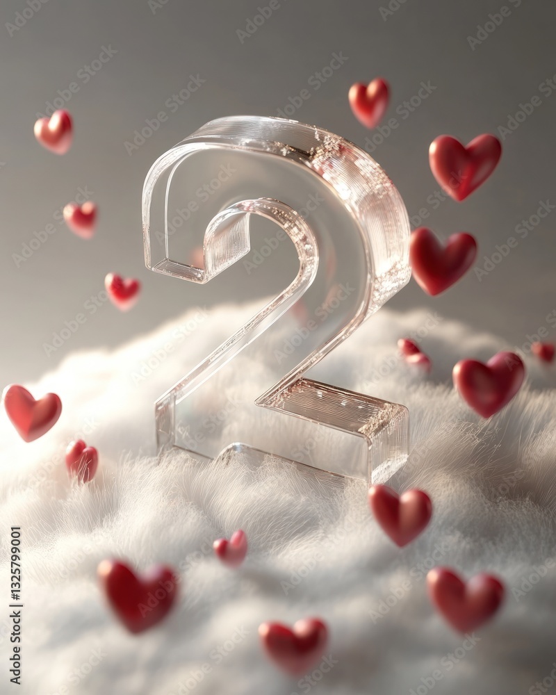 Poster transparent number with red hearts floating above white clouds