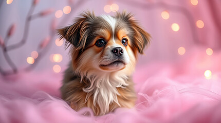 Perfect Pet Picture - Dog With Expressive Eyes Resting On Pink Fabric With Bokeh Glow