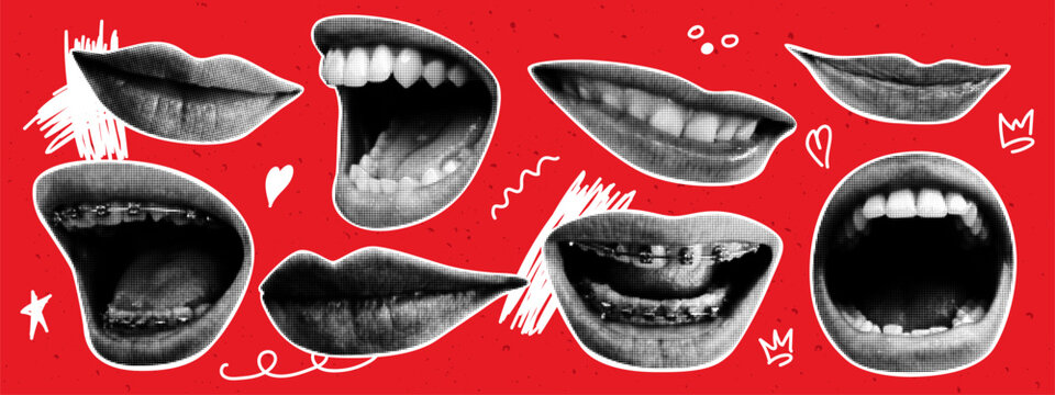 Woman halftone lips set with doodle elements. Y2K collage design. Modern vector illustration.