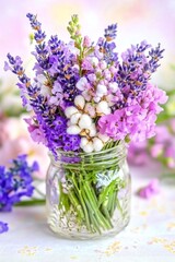 Fototapeta premium Colorful bouquet of lavender and cotton flowers in a clear jar on a soft background