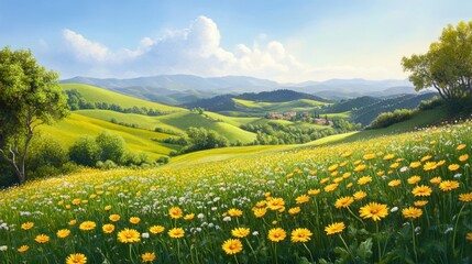 Vibrant Meadow Landscape with Wildflowers and Rolling Green Hills