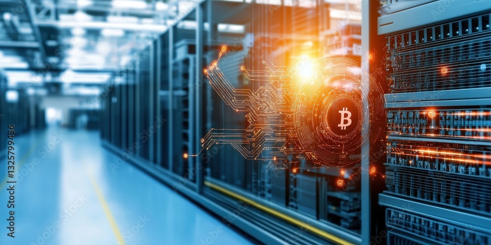 Poster A futuristic data center showcasing cryptocurrency mining with digital elements and glowing lights.