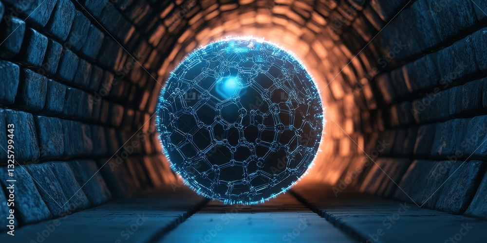 Poster a glowing digital sphere surrounded by a dark, tunnel-like structure, symbolizing technology and int