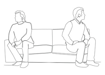 One continuous line art of  two men who turned away from each other. The concept of quarrel, disagreement, misunderstanding, conflict.
