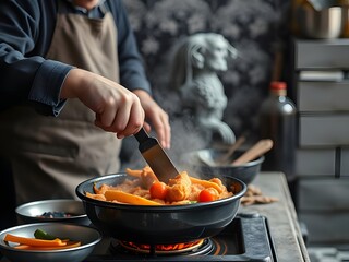 Chef cooking in a modern kitchen with vegetables, tomato, stir fry, hot pan and apron. Culinary Arts.