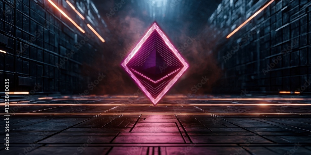 Poster a glowing pink diamond shape floats in a futuristic, dark environment with illuminated lines and a h