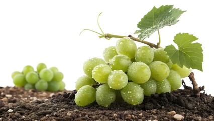 Green Grapes on Earth: A close-up of luscious green grapes, still glistening with droplets, rests upon a bed of rich earth, showcasing the freshness and natural beauty of the vineyard.