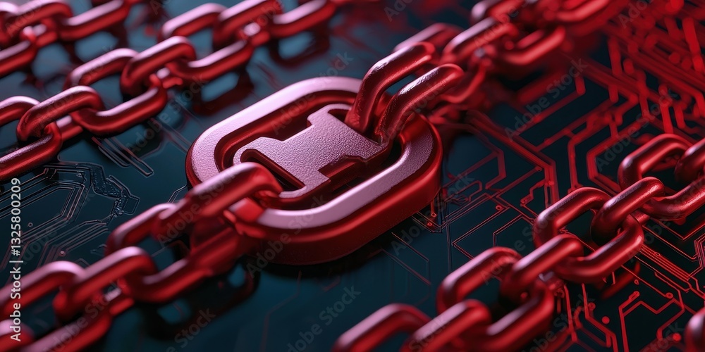 Poster A close-up of a red chain and lock on a digital circuit background, symbolizing security and connectivity in technology.