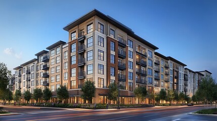 Obraz premium Modern apartment building at dusk.