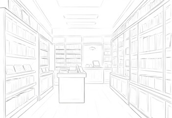 Elegant Sketch of an Interior Bookstore. A detailed elegant sketch of a bookstore interior