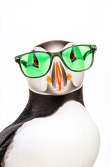 Fototapeta premium Puffin wearing green sunglasses posing in studio with white background, fun animal portrait, wildlife photography, unique bird lifestyle image.