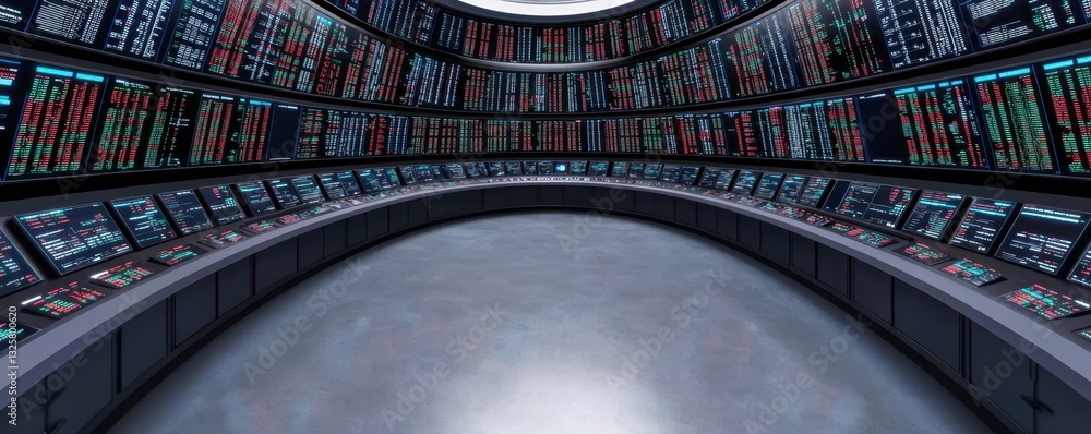 Aufkleber A futuristic control room filled with monitors and screens, showcasing data and digital interfaces in a semi-circular layout.