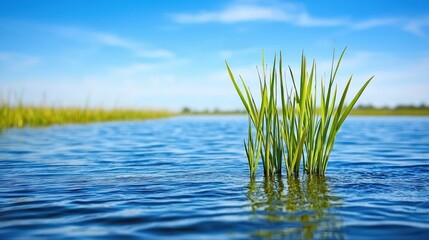 Lush Green Grass Growing in Serene Water Landscape