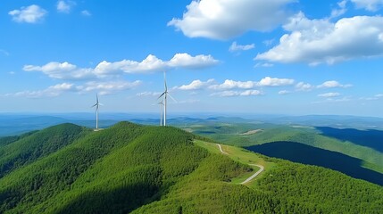 Wind Turbines on Green Hill Under a Blue Sky Generating Clean Energy
