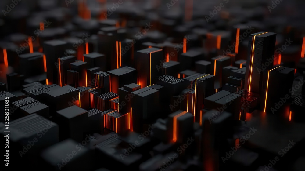 Poster a dark, futuristic cityscape with illuminated structures and glowing elements, giving an impression 