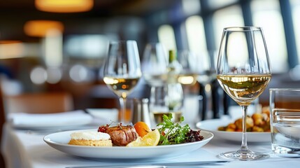 Elegant Dining Experience with Gourmet Food and Wine in a Modern Restaurant Setting with a Scenic View