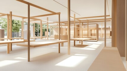 Modern minimalist interior design showcasing wooden structures and natural light in a spacious gallery