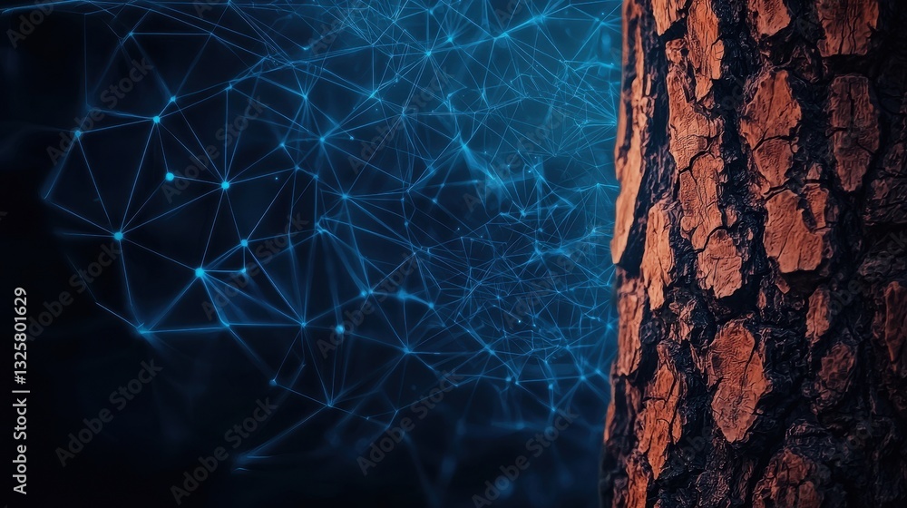 Aufkleber A close-up of a tree bark juxtaposed with a digital network background, symbolizing the connection between nature and technology.