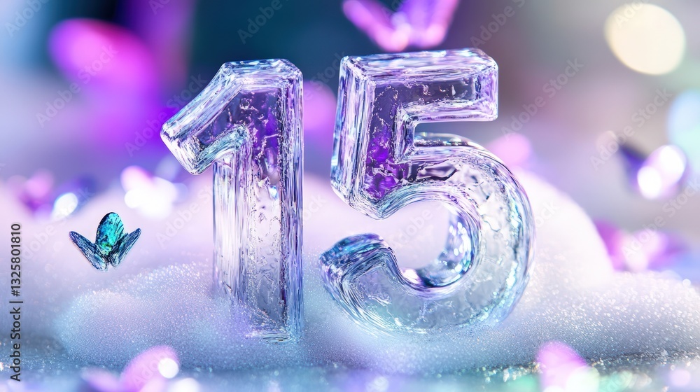 Aufkleber crystal-textured numeral surrounded by soft white bubbles and floating butterflies, a celebratory an