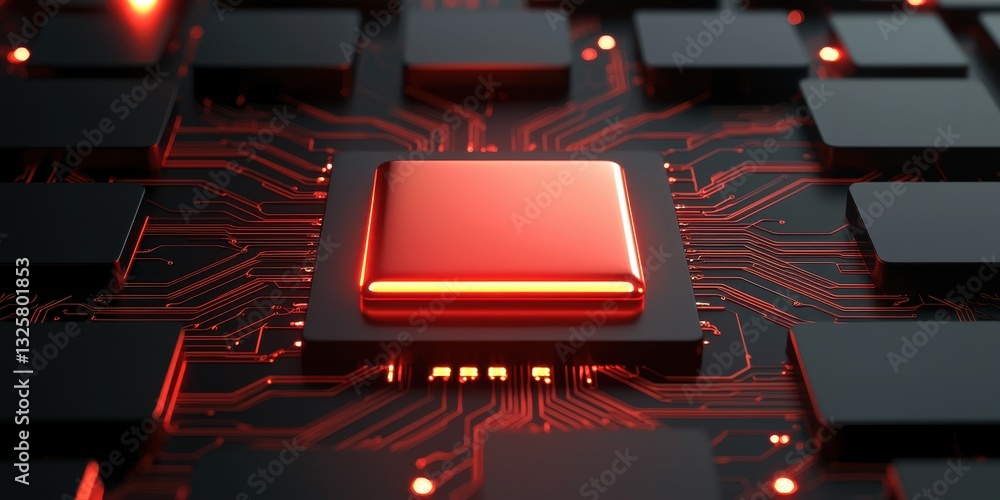 Poster A close-up view of a glowing microchip surrounded by dark circuit elements, showcasing technology and innovation.