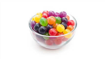 Colorful Round Candy in Clear Bowl on White Background