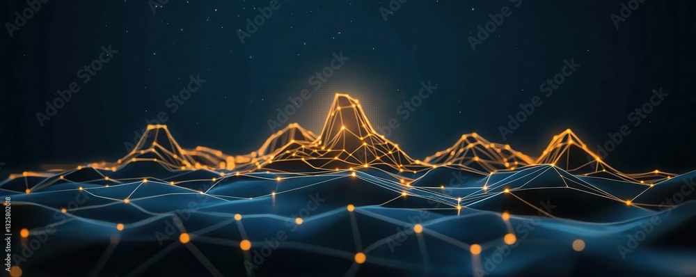 Poster A digital landscape featuring illuminated peaks and waves, showcasing a blend of technology and nature in a mesmerizing visual representation.